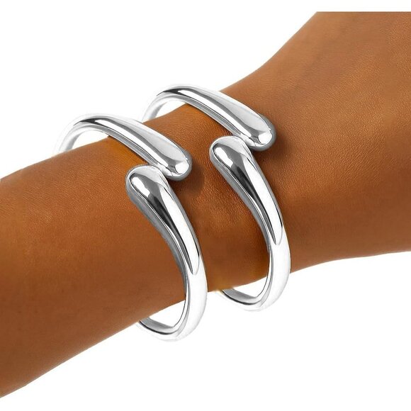 Trendy Silver-2 PC Bangle bracelet Women Teen Chunky Adjustable Twist Jewelry - Picture 2 of 6